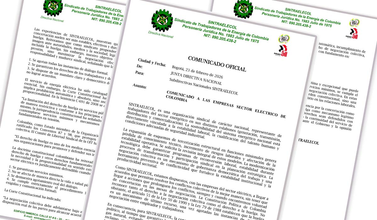 COMUNICADO A LAS EMPRESAS SECTOR ELECTRICO DE COLOMBIA